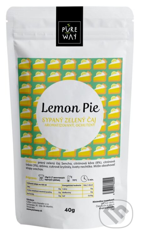 Kávy a čaje: Lemon Pie - sypaný zelený čaj aromatizovaný, ochutený (Pure Way). Pure Way, 2020 Kávy a čaje: Lemon Pie - sypaný zelený čaj aromatizovaný, ochutený (Pure Way). Pure Way, 2020