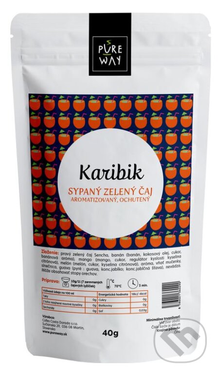 Kávy a čaje: Karibik - sypaný zelený čaj aromatizovaný, ochutený (Pure Way). Pure Way, 2020 Kávy a čaje: Karibik - sypaný zelený čaj aromatizovaný, ochutený (Pure Way). Pure Way, 2020