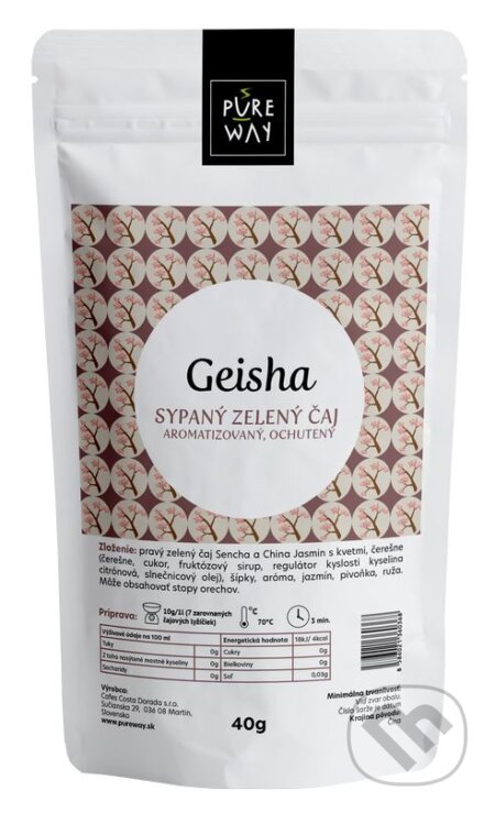 Kávy a čaje: Geisha - sypaný zelený čaj aromatizovaný, ochutený (Pure Way). Pure Way, 2020 Kávy a čaje: Geisha - sypaný zelený čaj aromatizovaný, ochutený (Pure Way). Pure Way, 2020