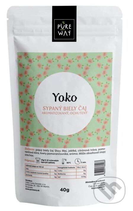 Kávy a čaje: Yoko - sypaný biely čaj aromatizovaný, ochutený (Pure Way). Pure Way, 2020 Kávy a čaje: Yoko - sypaný biely čaj aromatizovaný, ochutený (Pure Way). Pure Way, 2020