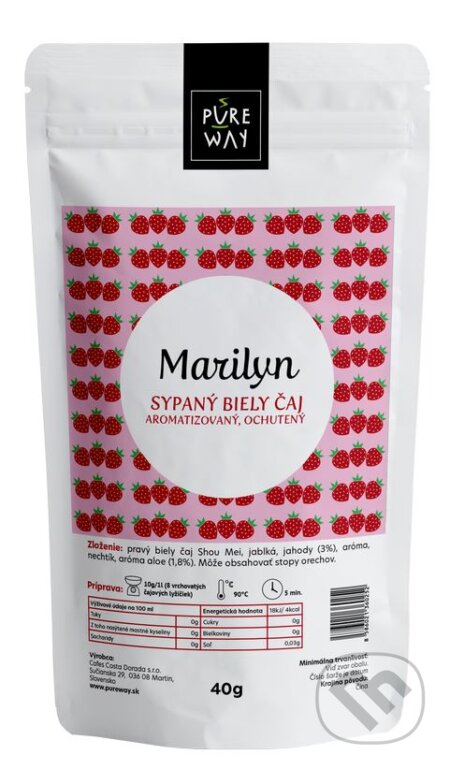 Kávy a čaje: Marilyn - sypaný biely čaj aromatizovaný, ochutený (Pure Way). Pure Way, 2020 Kávy a čaje: Marilyn - sypaný biely čaj aromatizovaný, ochutený (Pure Way). Pure Way, 2020