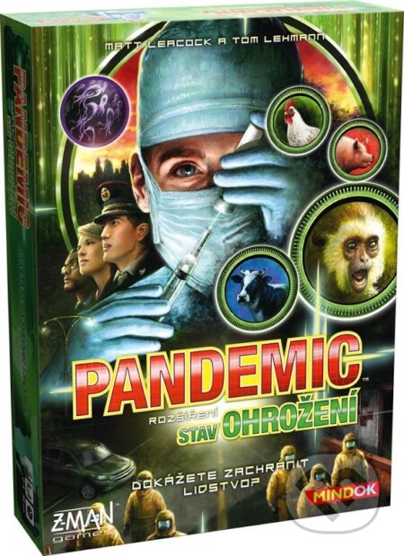 Společenská hra: Pandemic: Stav ohrožení (rozš.) (Matt Leacock a Tom Lehmann). Mindok, 2018 Společenská hra: Pandemic: Stav ohrožení (rozš.) (Matt Leacock a Tom Lehmann). Mindok, 2018