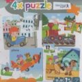 Puzzle: 4x puzzle Car, train, plane, wagon (neuveden). Modrý slon, 2016 Puzzle: 4x puzzle Car, train, plane, wagon (neuveden). Modrý slon, 2016