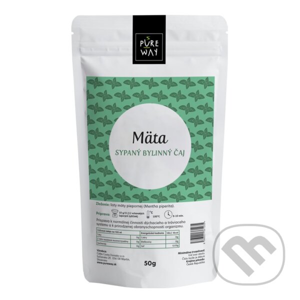 Kávy a čaje: Mäta - sypaný bylinný čaj (Pure Way). Pure Way, 2021 Kávy a čaje: Mäta - sypaný bylinný čaj (Pure Way). Pure Way, 2021