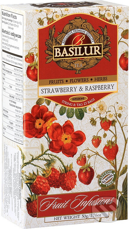 Kávy a čaje: BASILUR Fruit Strawberry & Raspberry 25x2g (Bio - Racio). Bio - Racio, 2023 Kávy a čaje: BASILUR Fruit Strawberry & Raspberry 25x2g (Bio - Racio). Bio - Racio, 2023