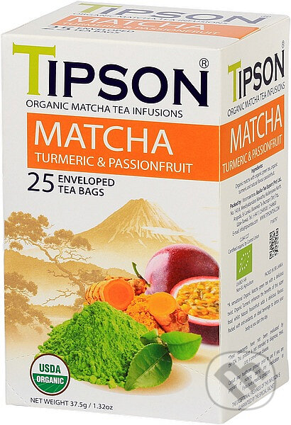Kávy a čaje: TIPSON BIO Matcha Turmeric & Passion Fruit 25x1,5g (Bio - Racio). Bio - Racio, 2023 Kávy a čaje: TIPSON BIO Matcha Turmeric & Passion Fruit 25x1,5g (Bio - Racio). Bio - Racio, 2023