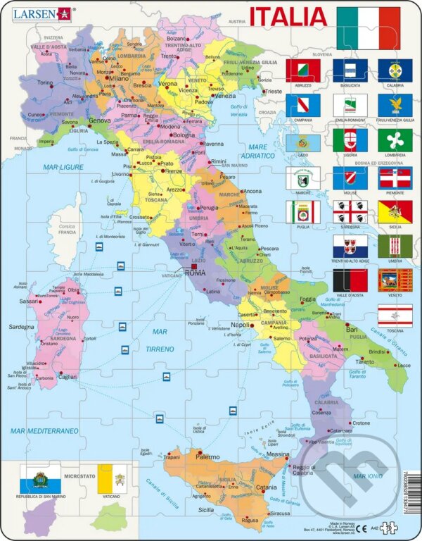 Puzzle: Italy - Political Map (A42) (Larsen). Larsen Puzzle: Italy - Political Map (A42) (Larsen). Larsen