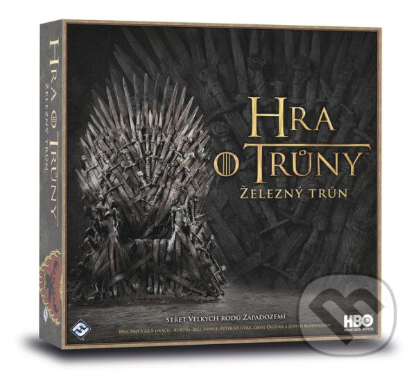 Společenská hra: Hra o trůny: Železný trůn (Bill Eberle, Greg Olotka, Justin Kemppainen a Peter Olotka). Asmodée Édition LLC, 2017 Společenská hra: Hra o trůny: Železný trůn (Bill Eberle, Greg Olotka, Justin Kemppainen a Peter Olotka). Asmodée Édition LLC, 2017
