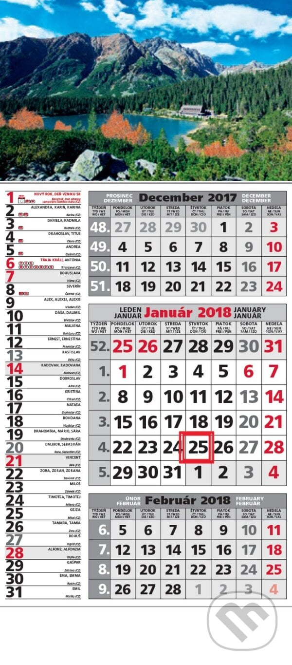 Štandard kombinovaný 3-mesačný kalendár 2018 s motívom hôr a plesom, Spektrum grafik, 2017