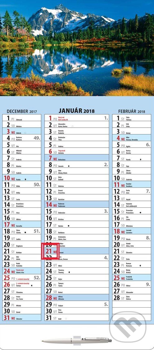 Štandard 3-mesačný stĺpcový kalendár 2018 s motívom horského jazera, Spektrum grafik, 2017