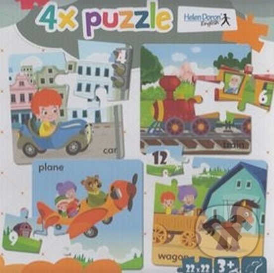 Puzzle: 4x puzzle Car, train, plane, wagon (neuveden). Modrý slon, 2016 Puzzle: 4x puzzle Car, train, plane, wagon (neuveden). Modrý slon, 2016