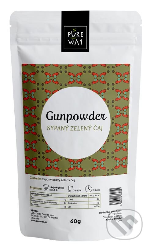 Kávy a čaje: Gunpowder - sypaný zelený čaj (Pure Way). Pure Way, 2020 Kávy a čaje: Gunpowder - sypaný zelený čaj (Pure Way). Pure Way, 2020