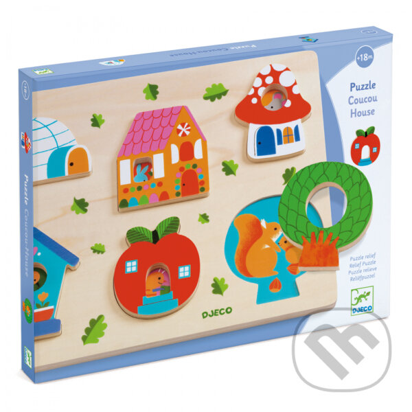 Spoločenská hra: Drevené puzzle – Reliéfne puzzle – Domčeky (Djeco). Djeco, 2021 Spoločenská hra: Drevené puzzle – Reliéfne puzzle – Domčeky (Djeco). Djeco, 2021
