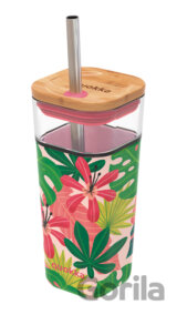 Sklenený cestovný hrnček so slamkou Liquid Cube Pink Jungle Flora 540 ml