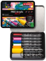 Akrylový popisovač STABILO FREE Acrylic - startovací sada 11 ks se 3 různými hroty - mix barev