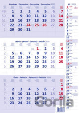 Tříměsíční kalendář modrý s poznámkami 2026 - nástěnný kalendář