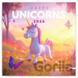 NOTIQUE Nástenný poznámkový kalendár Happy Unicorns (Veselé jednorožce) 2026