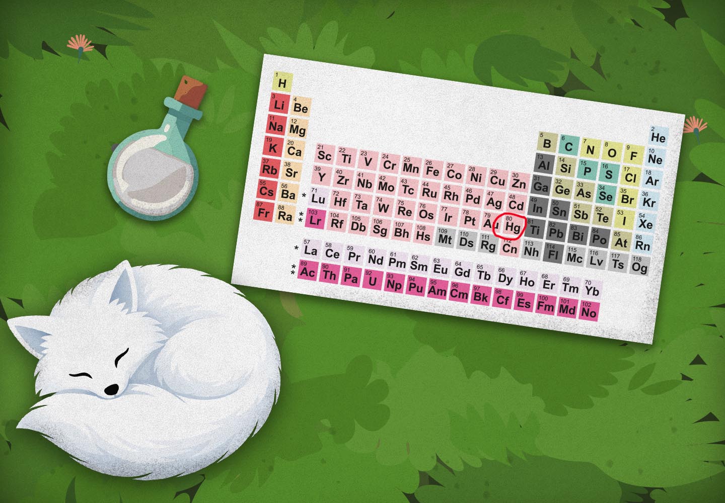 Zlý vlk v lese objeví periodickou tabulku prvků se zvýrazněným prvkem Hg, stříbrnou lišku a ampuli se stříbrnou tekutinou.