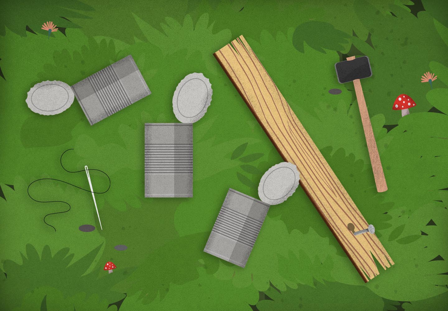 Zlý vlk v lese objeví prázdné konzervy, jehlu s přetrženou nití, kladivo a kus dřeva se zatlučeným hřebíkem.