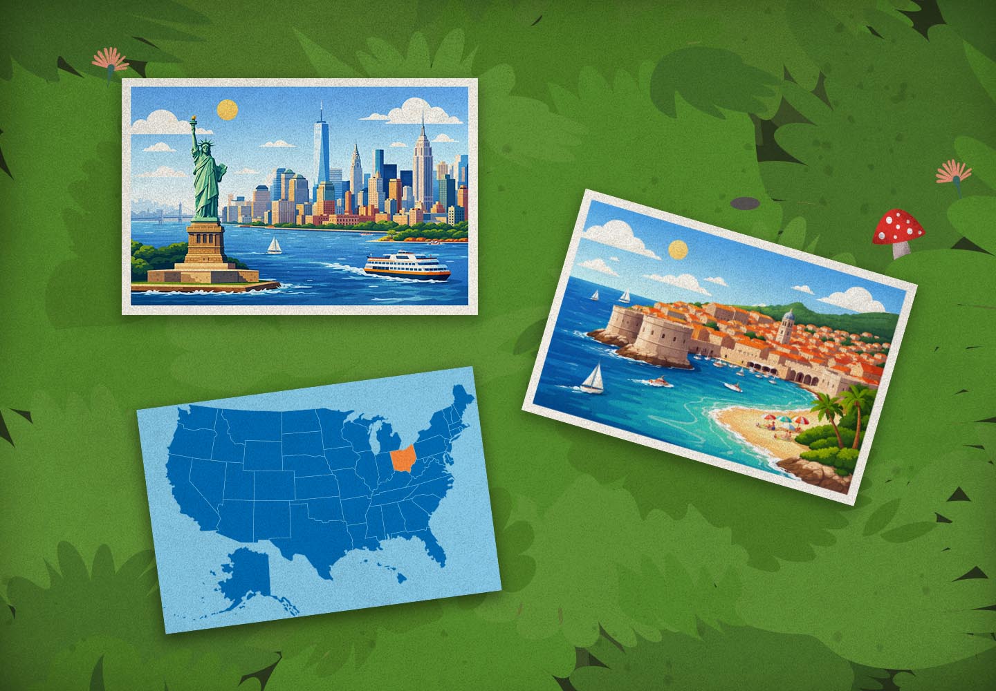 Zlý vlk v lese objeví tři pohlednice. Na jedné je socha Svobody, na druhé malebné italské městečko a na třetí mapa USA se všemi státy.