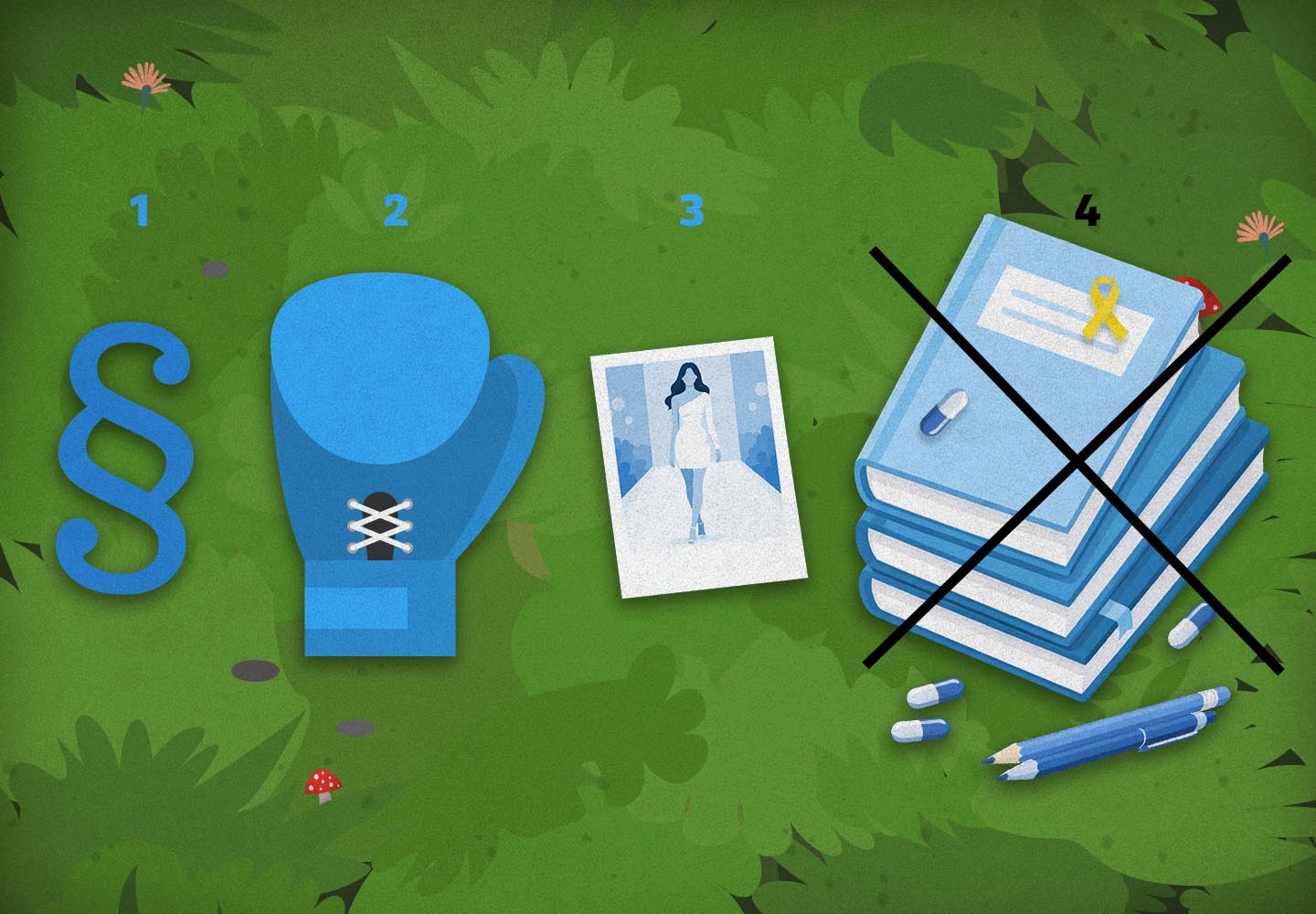 Zlý vlk v lese objeví modrou boxerskou rukavici, fotografii modelky v modrém rámečku a modrý právnický znak paragrafu. Objeví také přeškrtnuté deníky a rozsypané tabletky.