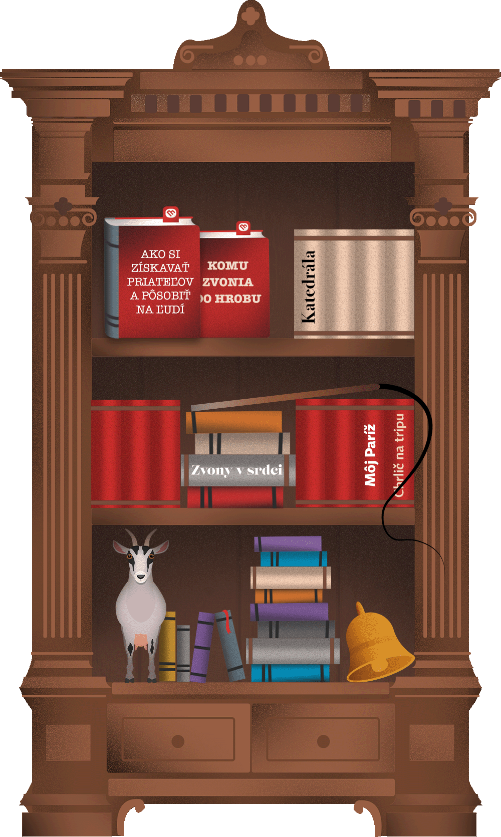 Táto knižnica obsahuje nasledovné knihy a predmety: 

Kniha: Ako si získavať priateľov a pôsobiť na ľudí,
                            Kniha: Zvony v srdci,
                            Kniha: Chrlič na tripe 

Predmet: Bič,
                            Predmet: Koza
                            Predmet: malý zvonček 

Kniha: Katedrála,
                            Kniha: Komu zvonia do hrobu
                            Kniha: Môj Paríž