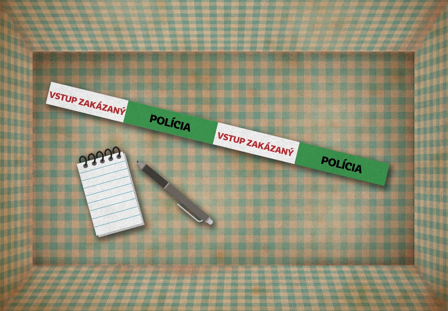 V otevřeném kufru Červená Karkulka objeví policejní pásku a policejní zápisník s perem.