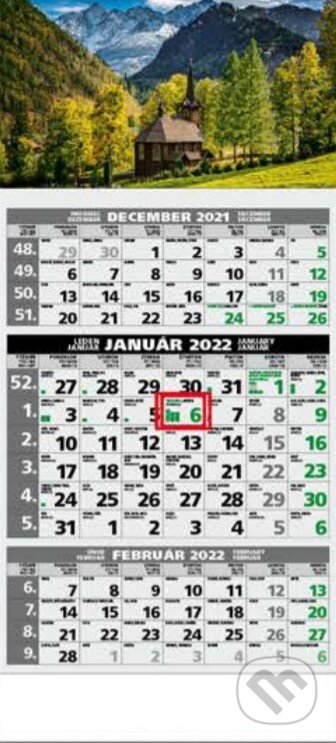 Štandard 3-mesačný Eco nástenný kalendár 2022 - kostol v horách, Spektrum grafik, 2021