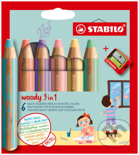 Farbička, vodovka a voskovka - STABILO woody 3 v 1 - 6 ks balenie so strúhadlom, STABILO, 2021