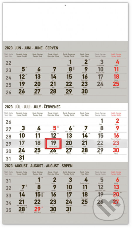 Nástenný kalendár 3-mesačný štandard šedý – so slovenskými menami 2023, Presco Group, 2022