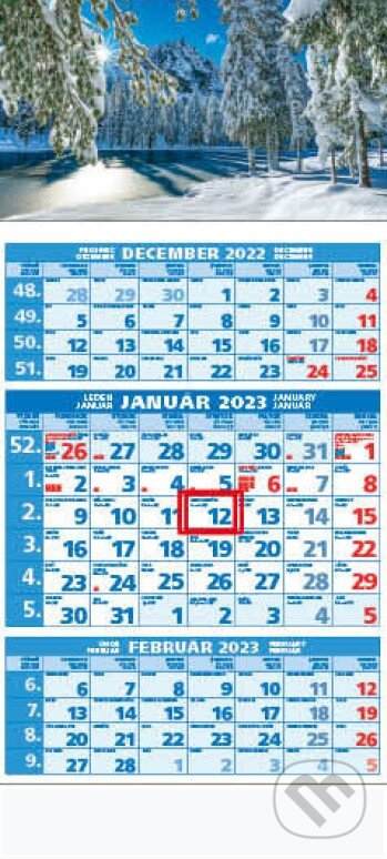 Štandard 3-mesačný modrý nástenný kalendár 2023 - zimná krajina, Spektrum grafik, 2022