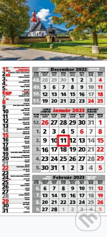 Štandard kombinovaný 3-mesačný sivý nástenný kalendár 2023 - kostolík - 