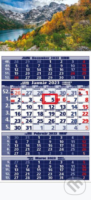 Štandard 4-mesačný modrý nástenný kalendár 2023 - skalnaté hory, Spektrum grafik, 2022