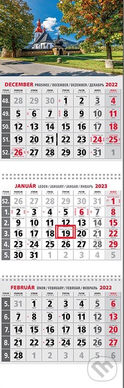 Klasik 3-mesačný sivý nástenný kalendár 2023 - kostolík, Spektrum grafik, 2022