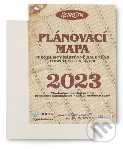 Plánovací roční mapa retro skládaná 2023 - nástěnný kalendář, BOBO BLOK, 2022