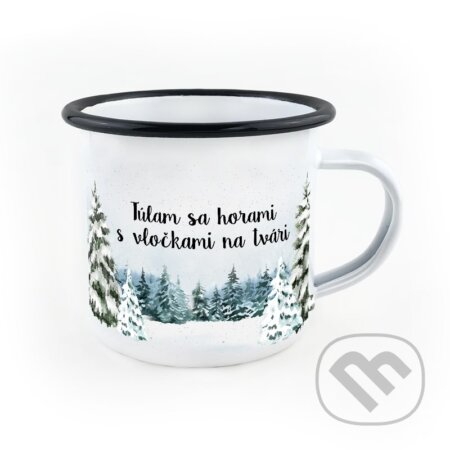 Smaltovaný hrnček Túlam sa horami s vločkami na tvári