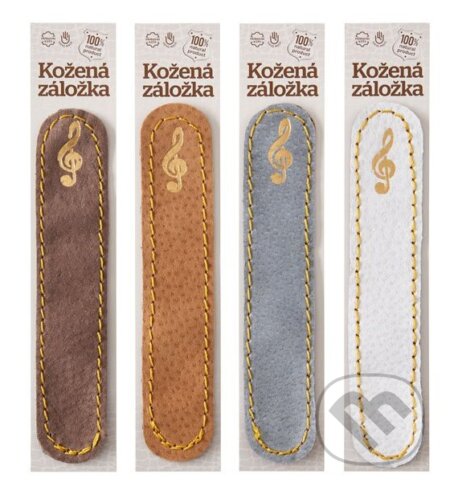 Kožená záložka do knihy Husľový kľúč (biela, zlatý obrázok)