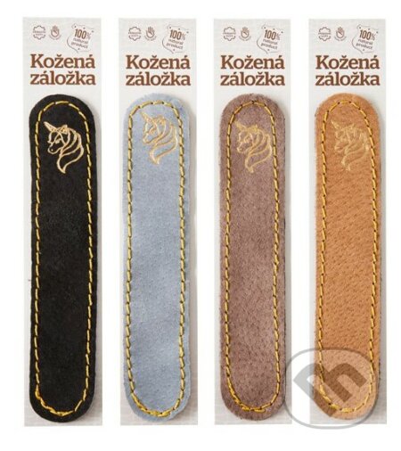 Kožená záložka do knihy Jednorožec (hnedá semišová, zlatý obrázok)