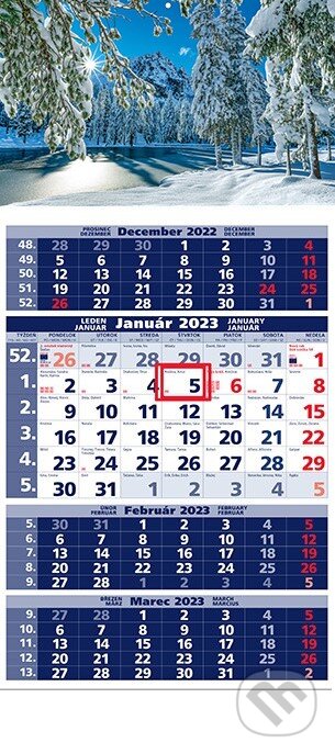 Štandard 4-mesačný modrý nástenný kalendár 2023 - zimná krajina, Spektrum grafik, 2022