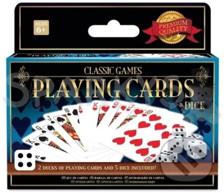 Klasické hry: 2 balíčky hracích karet a 5 kostek, Merch, 2023
