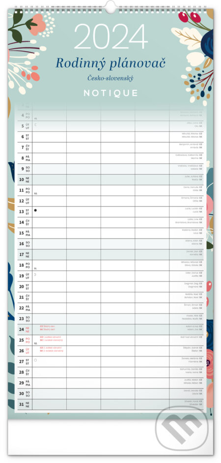 Nástěnný rodinný plánovací kalendář / nástenný plánovací kalendár Květy 2024, Notique, 2023
