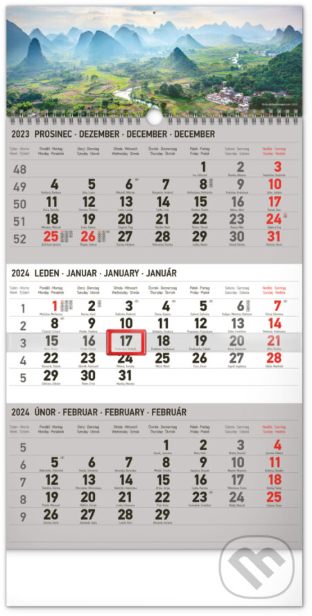 Nástěnný kalendář 3měsíční Krajina 2024 (šedý), Notique, 2023