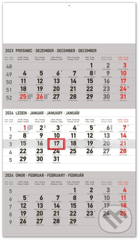 Nástěnný kalendář 3měsíční standard šedý – s českými jmény 2024, Notique, 2023
