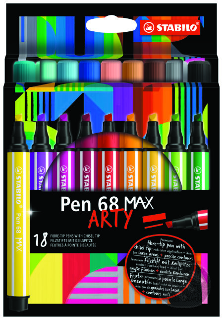 Prémiová vláknová fixka s hrubým klinovým hrotom - STABILO Pen 68 MAX - ARTY - 18 ks sada