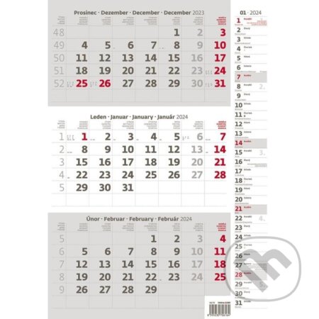 Kalendář nástěnný 2024 - Tříměsíční šedý s poznámkami, Helma365, 2023