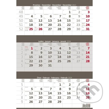 Kalendář nástěnný 2024 - Tříměsíční šedý, Helma365, 2023