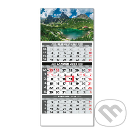 Štandard 3-mesačný sivý nástenný kalendár 2024 - horské pleso, Spektrum grafik, 2023