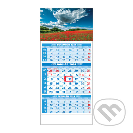 Štandard 3-mesačný modrý nástenný kalendár 2024 - maky, Spektrum grafik, 2023