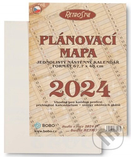 Plánovací roční mapa retro skládaná 2024 - nástěnný kalendář, BOBO BLOK, 2023