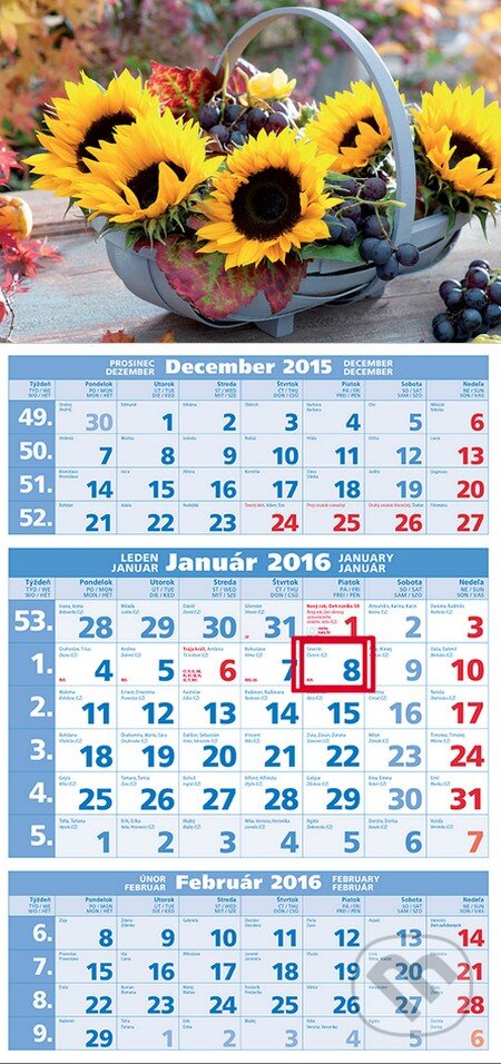 Štandardný 3-mesačný kalendár 2016 s motívom slnečníc, Spektrum grafik, 2015